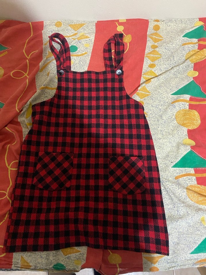 Kırmızı Kareli Askılı Kısa salopet - Görsel 4