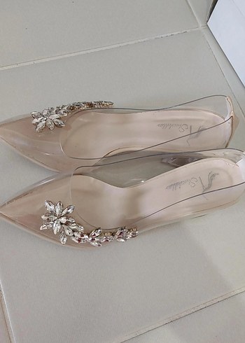 Bej Cam Stiletto Taşlı Kadın Abiye Ayakkabı