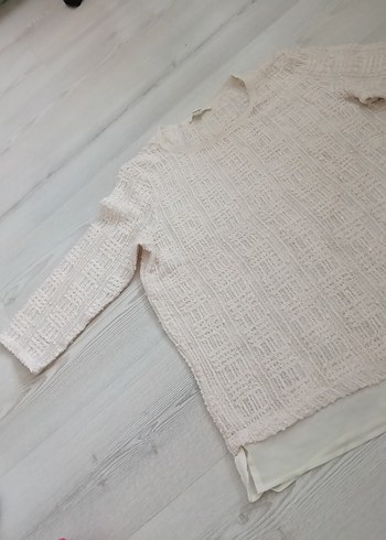 Beyaz Örgü Bluz Uzun Kollu, Rahat Kesim