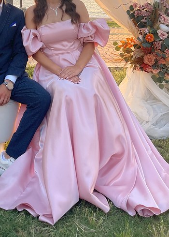 Toz Pembe Sedefli Uzun Abiye Elbise