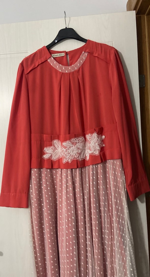 Pembe Nakışlı Uzun Kollu Piliseli Elbise - Görsel 3