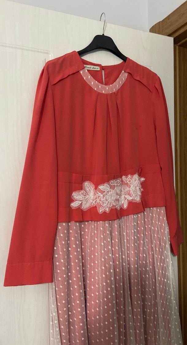 Pembe Nakışlı Uzun Kollu Piliseli Elbise - Görsel 2