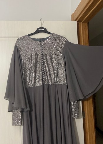 Uzun Kollu Gri Abiye Elbise - Görsel 2