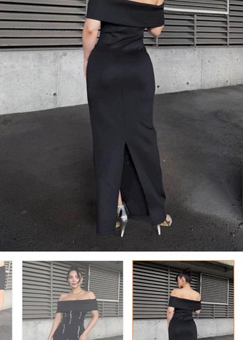 Siyah Nakışlı Uzun Straplez Elbise - Görsel 4