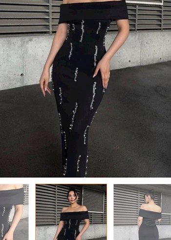 Siyah Nakışlı Uzun Straplez Elbise - Görsel 3