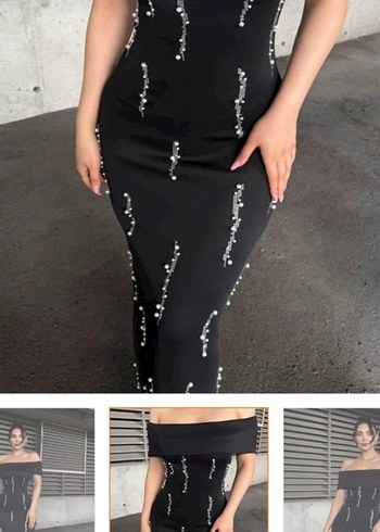 Siyah Nakışlı Uzun Straplez Elbise - Görsel 2