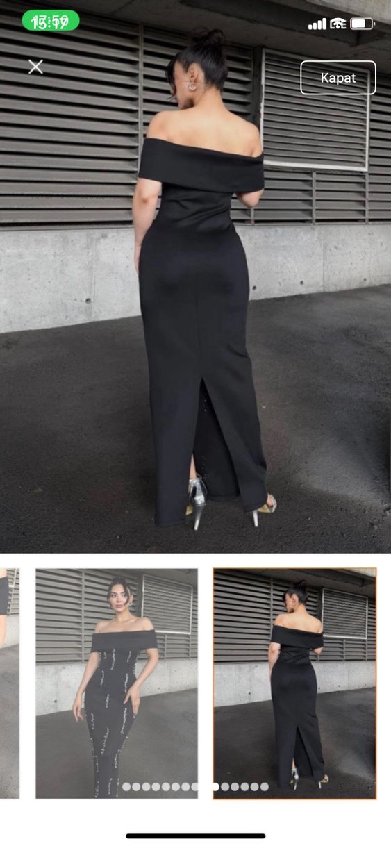 Siyah Nakışlı Uzun Straplez Elbise - Görsel 4