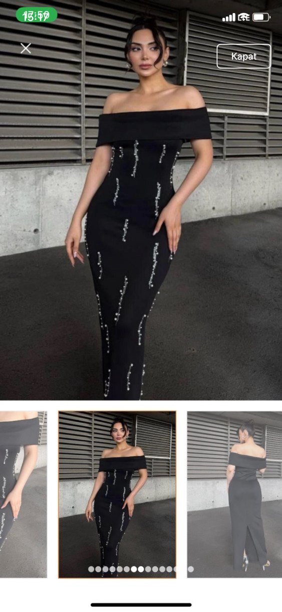 Siyah Nakışlı Uzun Straplez Elbise - Görsel 3