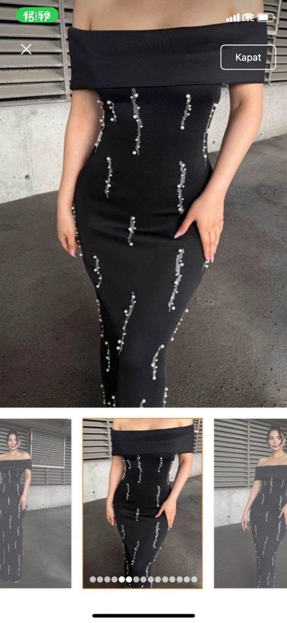 Siyah Nakışlı Uzun Straplez Elbise - Görsel 2