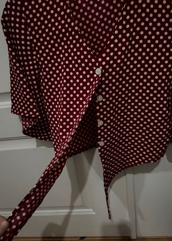 m Beden bordo Renk Bordo Puantiyeli V Yaka Düğmeli Kadın Gömlek