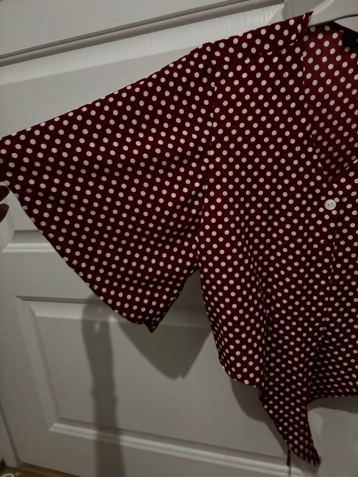 Bordo Puantiyeli V Yaka Düğmeli Kadın Gömlek - Görsel 4