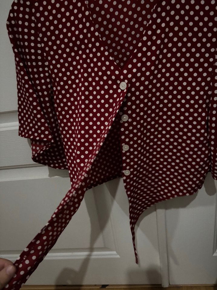 Bordo Puantiyeli V Yaka Düğmeli Kadın Gömlek - Görsel 3