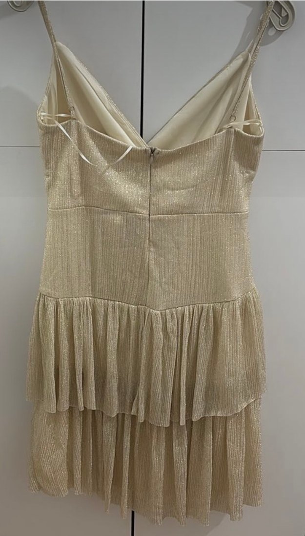 Bej Drapeli Mini Elbise - Görsel 5