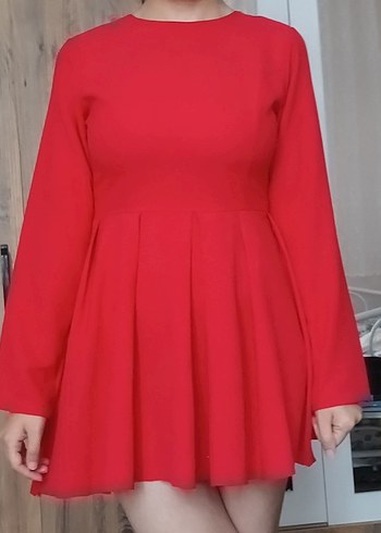 Uzun Kollu Kırmızı Piliseli Mini Elbise - Görsel 6