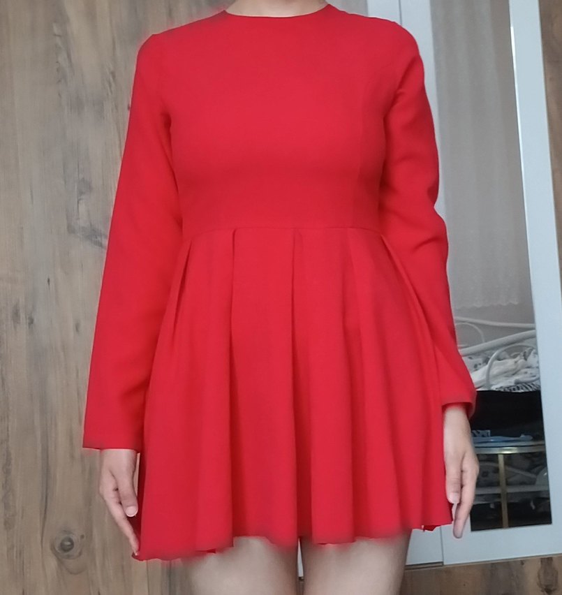 Uzun Kollu Kırmızı Piliseli Mini Elbise - Görsel 5