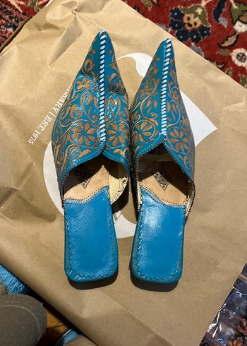 Nakışlı Mavi Kadın Süet Dolgu Topuk Terlik - Görsel 6