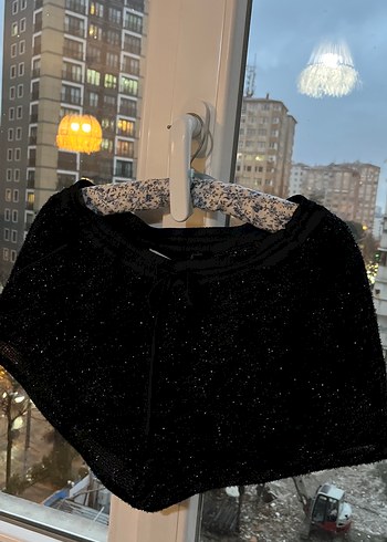 Kadın Parlak Simli Siyah Mini Şort - Görsel 6