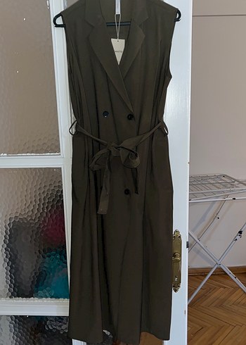 Kadın Haki Kemerli Uzun kolsuz Elbise - Görsel 5