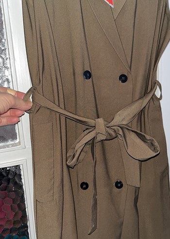 Kadın Haki Kemerli Uzun kolsuz Elbise - Görsel 7