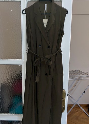 Kadın Haki Kemerli Uzun kolsuz Elbise - Görsel 2