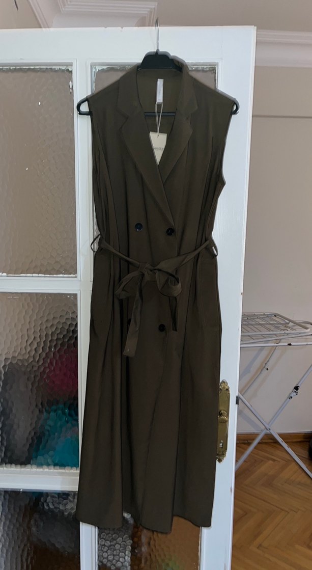 Kadın Haki Kemerli Uzun kolsuz Elbise - Görsel 2