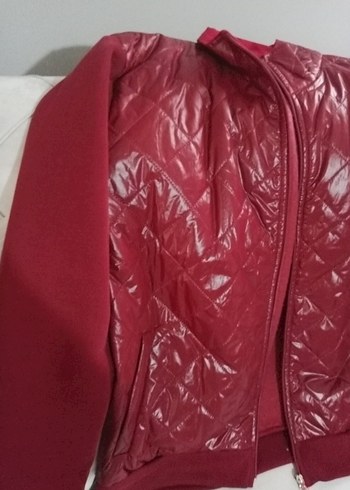 40 Beden bordo Renk Parlak Bordo Kapüşonlu Fermuarlı Kadın Ceket
