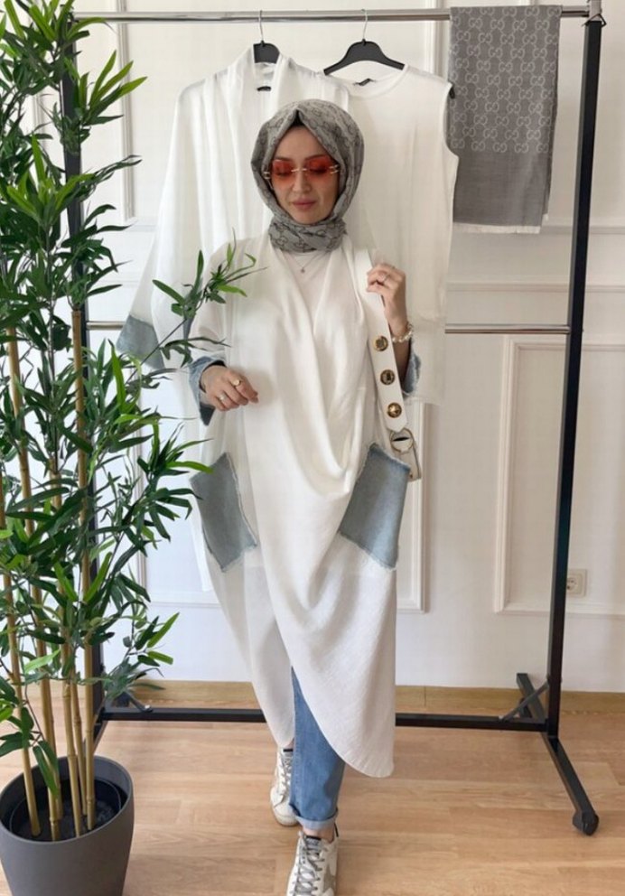 Beyaz Uzun Salaş Kadın Sabahlık - Görsel 3