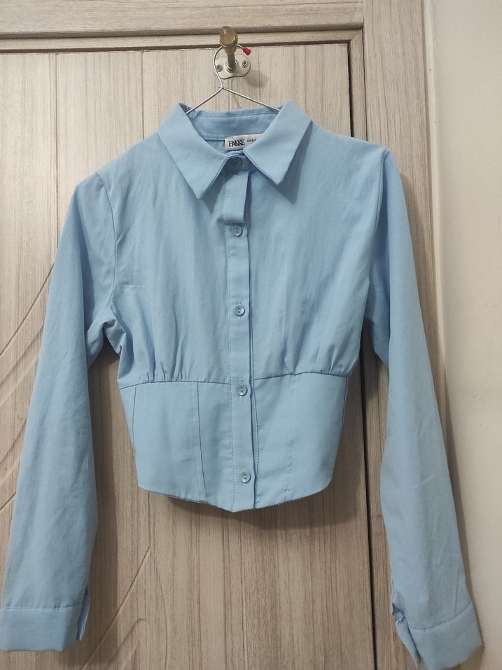 Mavi Denim Uzun Kollu V Yakalı Mini Gömlek - Görsel 3