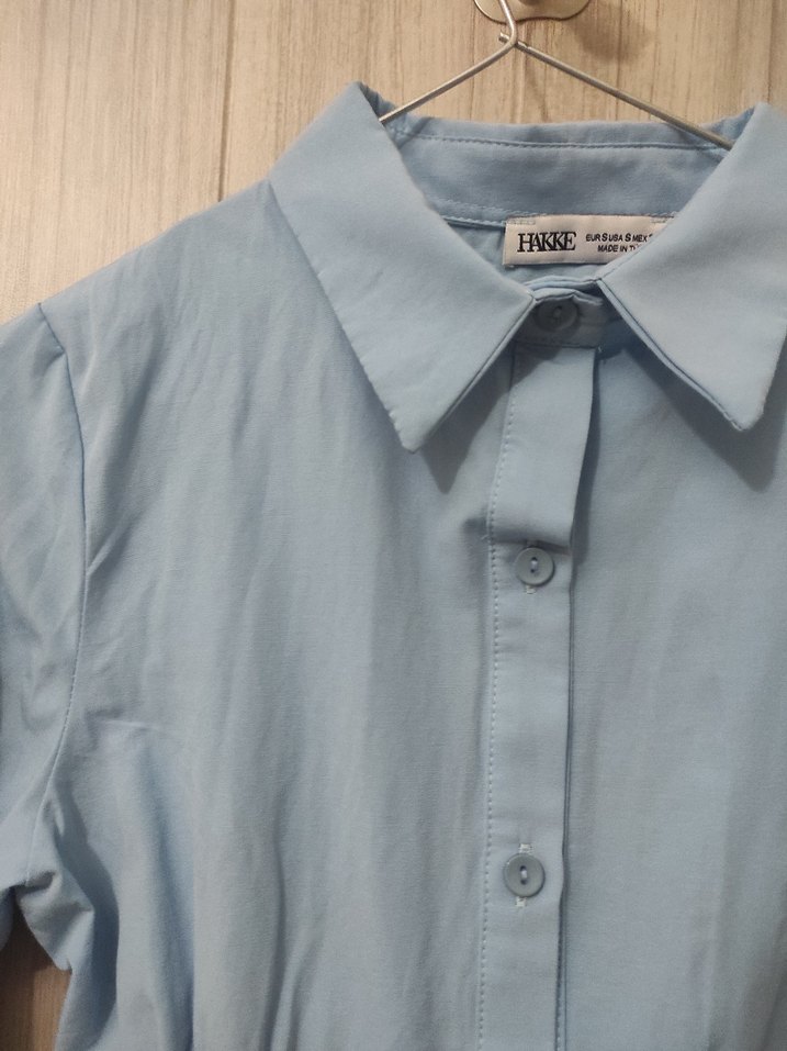 Mavi Denim Uzun Kollu V Yakalı Mini Gömlek - Görsel 4