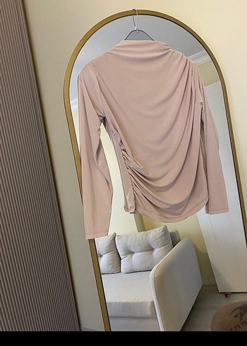 Drapeli Yüksek Yakalı Bej Kadın Bluz - Görsel 2