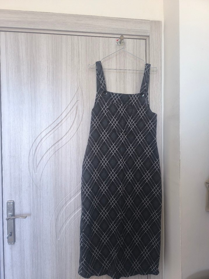 Gri Kareli bahçıvan elbise - Görsel 2