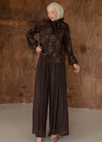 Zara Sifon Desenli Kahverengi Tesettur Takim