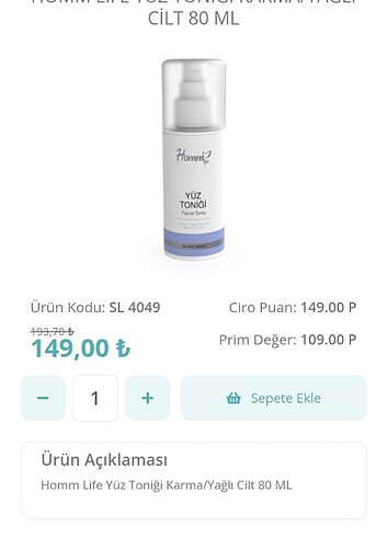 Diğer HOMM LIFE YÜZ TONİĞİ KURU/NORMAL KARMA/YAĞLI CİLT 80 ML