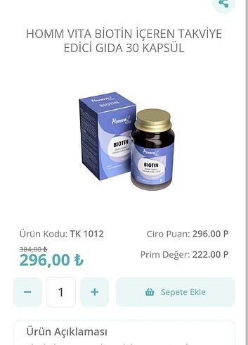 HOMM VITA BİOTİN İÇEREN TAKVİYE EDİCİ GIDA 30 KAPSÜL 