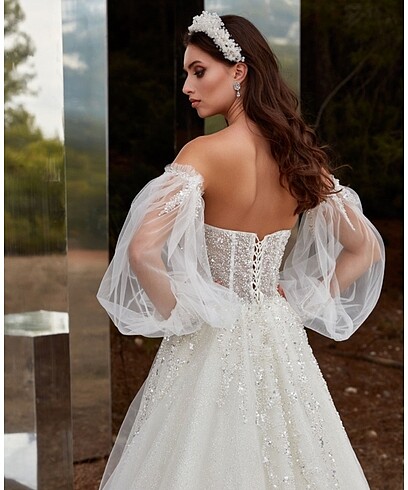 Kolları tül detaylı parıltılı Helen Gelinlik - Görsel 2