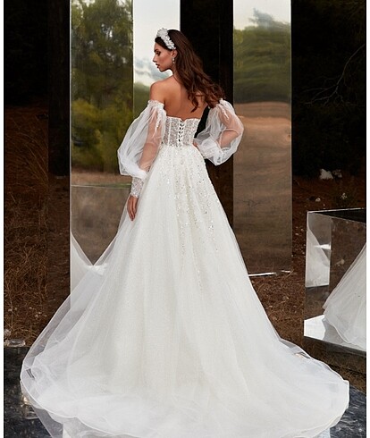 Kolları tül detaylı parıltılı Helen Gelinlik - Görsel 4