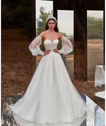 Kolları tül detaylı parıltılı Helen Gelinlik - Görsel 3