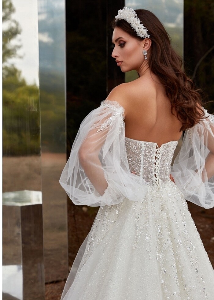 Kolları tül detaylı parıltılı Helen Gelinlik - Görsel 2