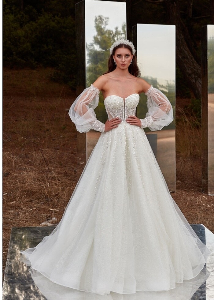 Kolları tül detaylı parıltılı Helen Gelinlik - Görsel 3