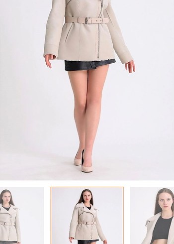 Bej Kemerli Süet Mini Ceket - Görsel 2