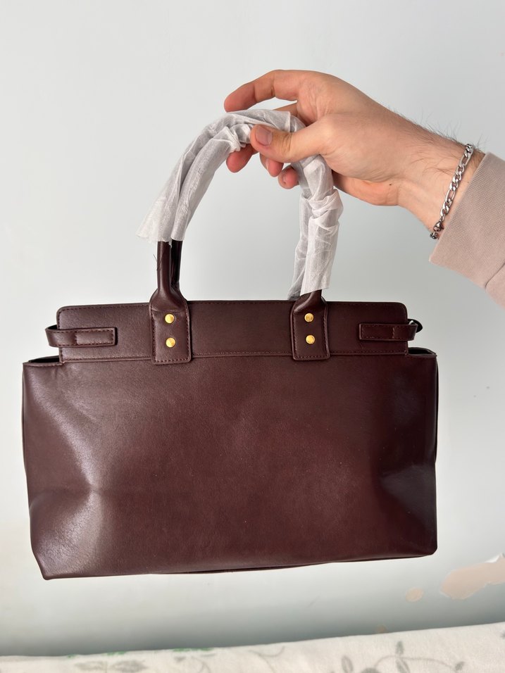 Kahverengi Deri Tokalı Kadın Çanta - Görsel 2