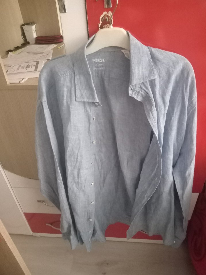 Gri Keten Erkek Gömlek, Düğmeli, Uzun Kollu - Görsel 2