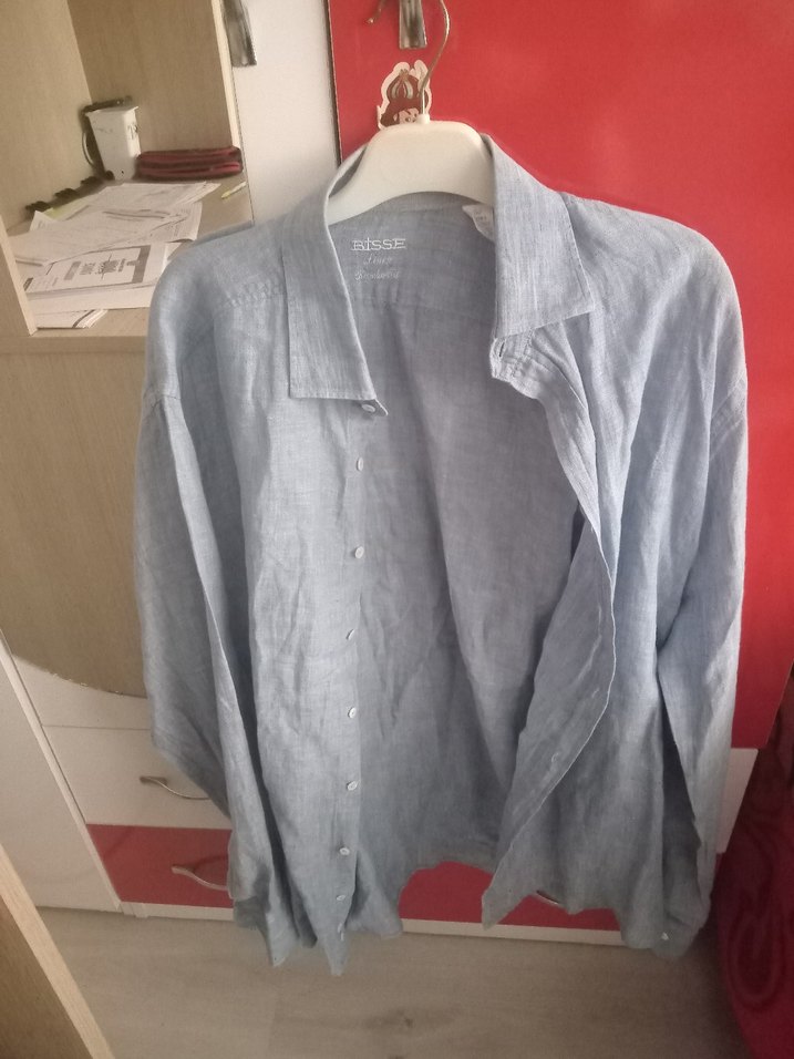 Gri Keten Erkek Gömlek, Düğmeli, Uzun Kollu - Görsel 3