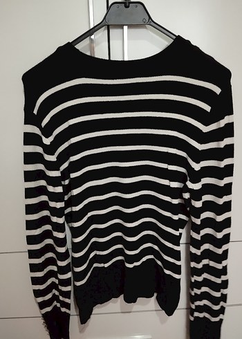 Siyah Beyaz Çizgili Kadın Triko Kazak - Görsel 3