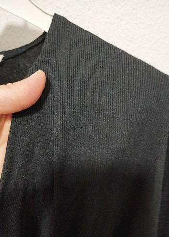 Siyah V Yaka Uzun Kollu Keten Bluz - Görsel 2