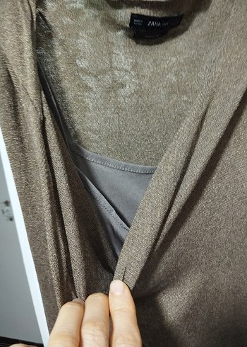 Kahverengi Keten Uzun Drapeli Elbise - Görsel 3