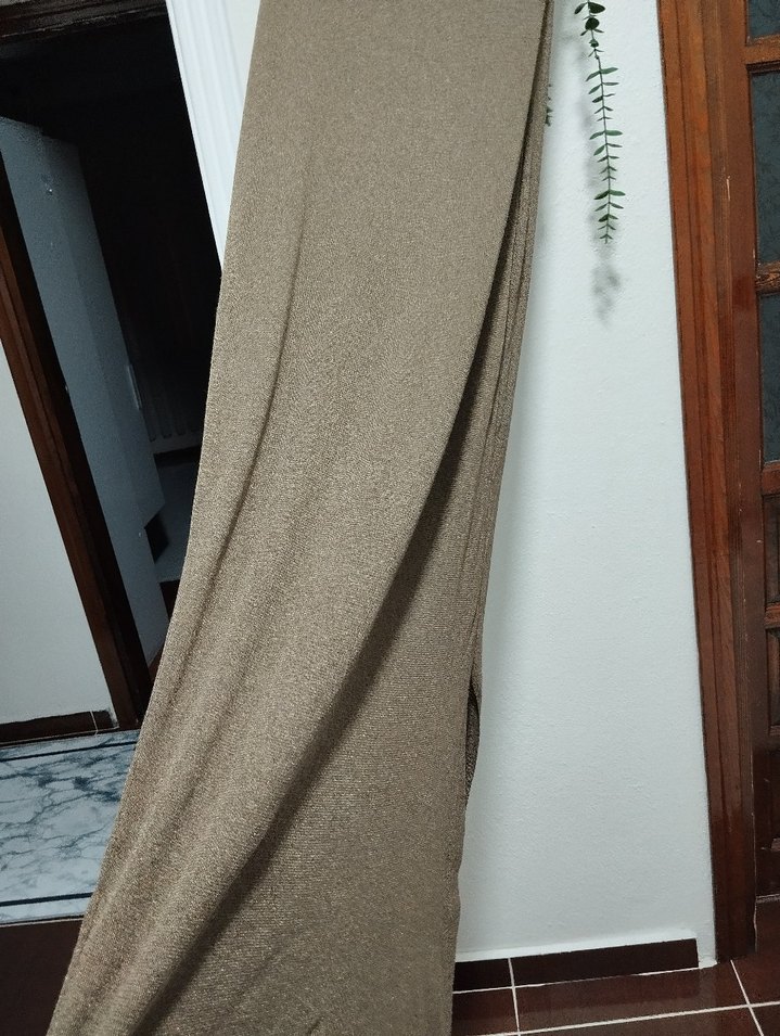 Kahverengi Keten Uzun Drapeli Elbise - Görsel 2