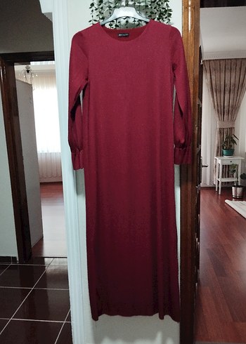 38 Beden Bordo Uzun Keten Elbise Yüksek Yakalı