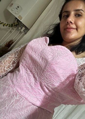 Pembe Dantel Uzun Kollu Midi Abiye - Görsel 5