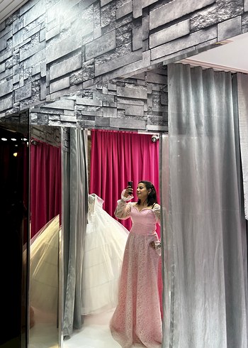 Pembe Dantel Uzun Kollu Midi Abiye - Görsel 2